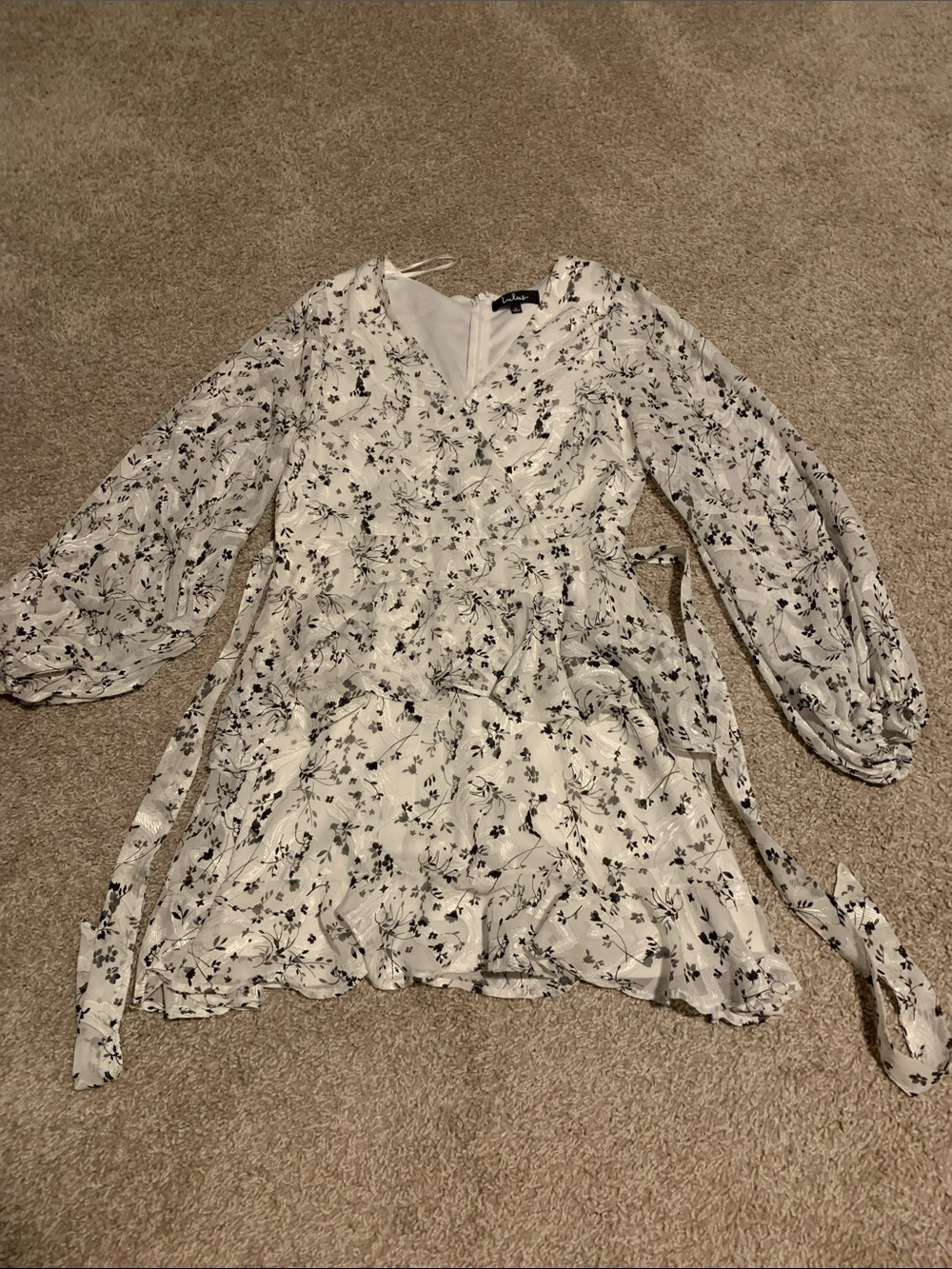 LULU’S beautiful dress White  and Black Floral Mini Sheer Dress. Size L